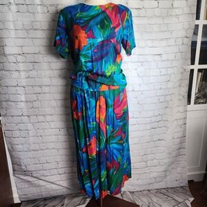 Christine David Vintage 80s Floral Resortwear Set Blue Pink Orange Rayon Large